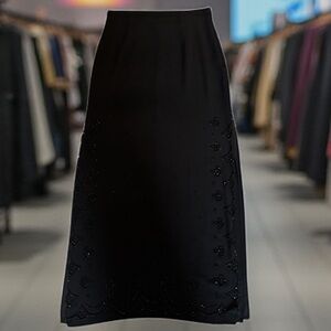BELLESSA Black Maxi Skirt Scalloped Sheer Front Over Solid, Bead Detail